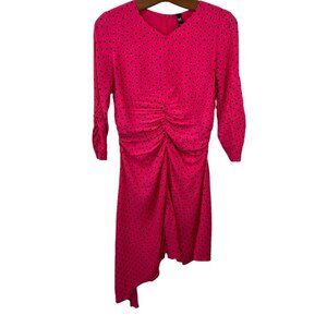 Zara Dress Size Medium Hot Pink Polka Dot Asymmetrical Dress Ruched 3/4 Sleeve